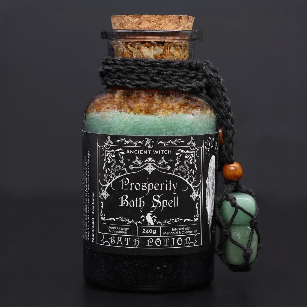 Poción de hechizo de baño de bruja antigua y amuleto de cristal de aventurina - prosperidad